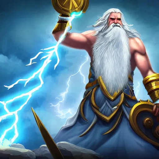 Image similar to zeus with white beard and hair, lightning bolt in zeus's hand, hearthstone art style, epic fantasy style art, fantasy epic digital art, epic fantasy card game art, zoom out