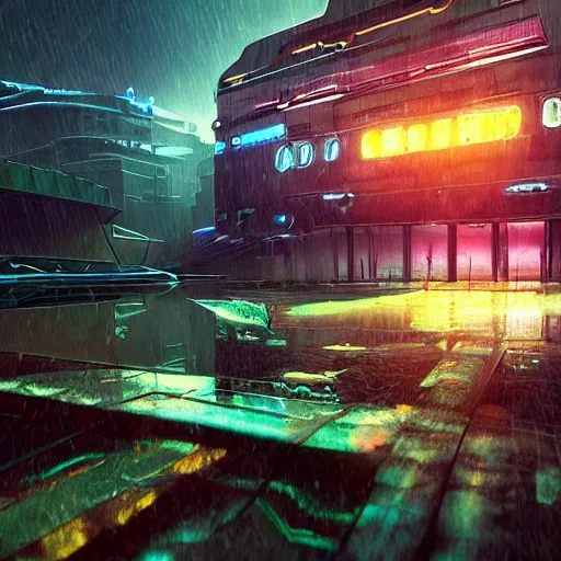 Image similar to abandoned neon spaceship as ingame shot of risk of rain 2, digital art, wet reflections, unreal engine 5, intricate details, fantasy, hyper realism, humongous view, rtx, smooth, cinematic