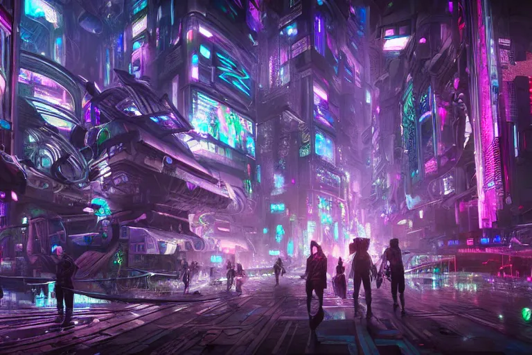 Image similar to a populated psychedelic cyberpunk city with astral beings flying through it at the edge of existence where intensely creative astral beings live, in the style of wlop, illustration, epic, fantasy, hyper detailed, smooth, unreal engine, sharp focus, ray tracing