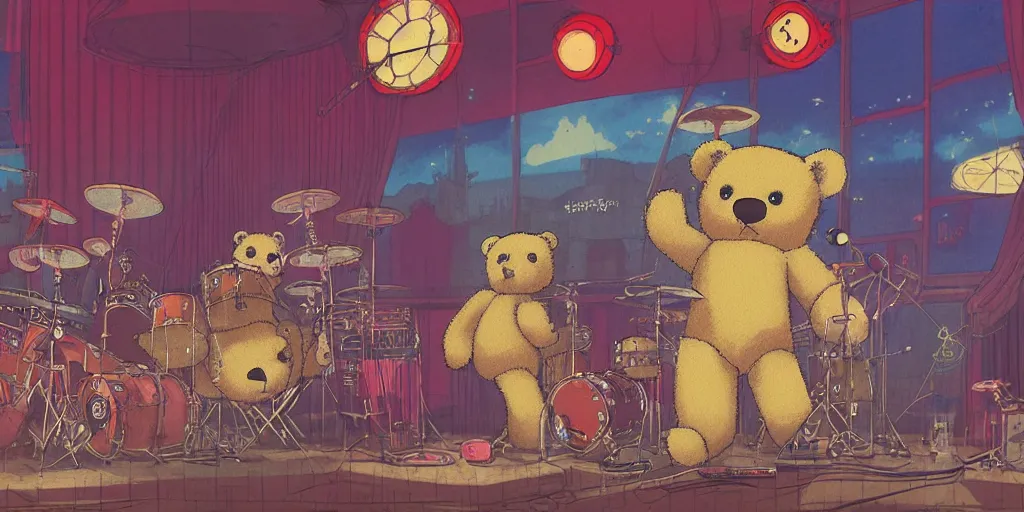 Prompt: teddy bear at an english night club playing in a rock and roll band, darkly playful color scheme, intricate details, matte painting, illustration, by hayao miyazaki