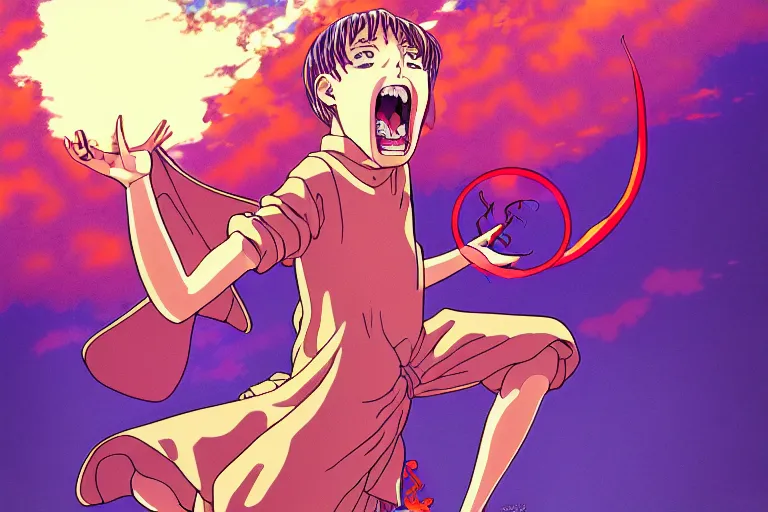 Image similar to digital illustration of a horrified child summoning a powerful demon, clean lines, extreme detail, cel - shaded anime key visual in the style of moebius, ayami kojima, 9 0's anime, retro fantasy, studio ghibli, studio trigger