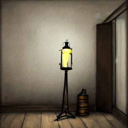 Image similar to oil lantern in musky office, dusty, cobwebs, ink stains, volumetric light, dark, art station, realistic painting