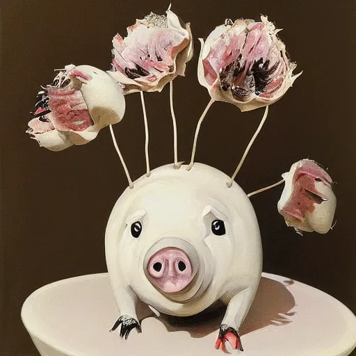 Image similar to “pig paintings and pig sculptures in a pig art gallery, pork, ikebana white flowers, white wax, squashed berries, acrylic and spray paint and oilstick on canvas, by munch and Dali”