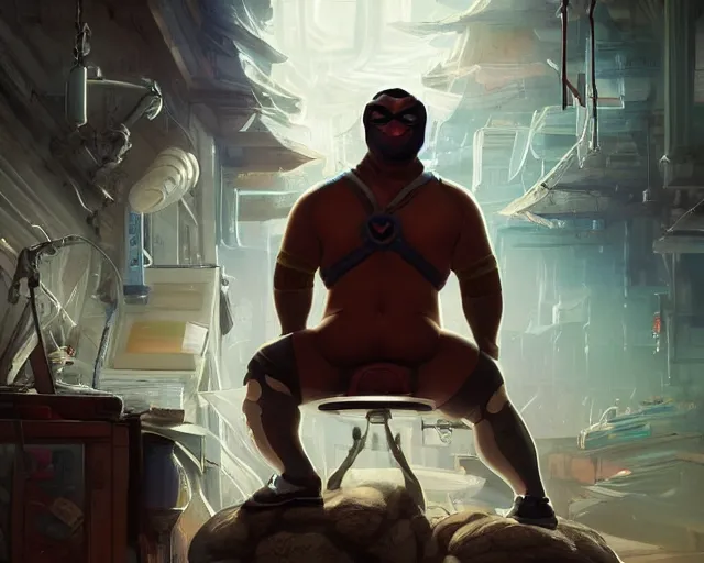 Image similar to an insanely detailed painting of a slightly chubby, nerdy asian man wearing a superhero costume and mask, sitting at a desk, staring at the nervously at the computer and typing, in the style of peter mohrbacher, dramatic lighting and composition, octane render, trending on artstation, concept art, comic book, view from behind