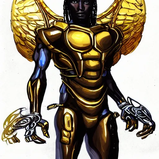 Prompt: A tall and muscular African man with a golden angel wearing nanosuit from Crysis the game. illustration concept art in the style of Arthur Adams