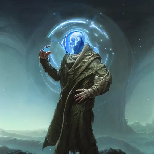 Image similar to rogue male wearing a cloak on an alien world and holding a holographic planet projection in his hand, masked face, detailed, sci - fi, digital painting, artstation, sharp focus, illustration, ominous, artgerm, tomasz alen kopera, peter mohrbacher, donato giancola, joseph christian leyendecker, wlop, frank frazetta