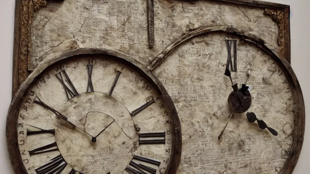 Prompt: Assemblage art of a wall with a clock in it