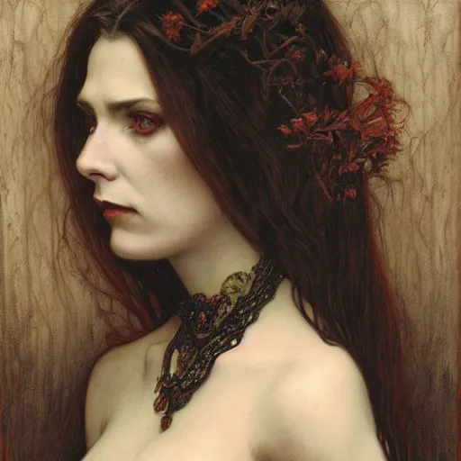 Image similar to portrait of a lady vampire, 35mm, victorian, depth of field, ominous, sharp, highly detailed, photorealistic, realistic, unreal 5, high definition, 8k, deviantart, donato giancola, irwin penn, Alphonse Mucha