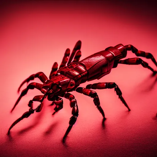 Image similar to closeup studio photograph of a red scorpion with a laser gatling gun, dramatic lighting, edited in photoshop