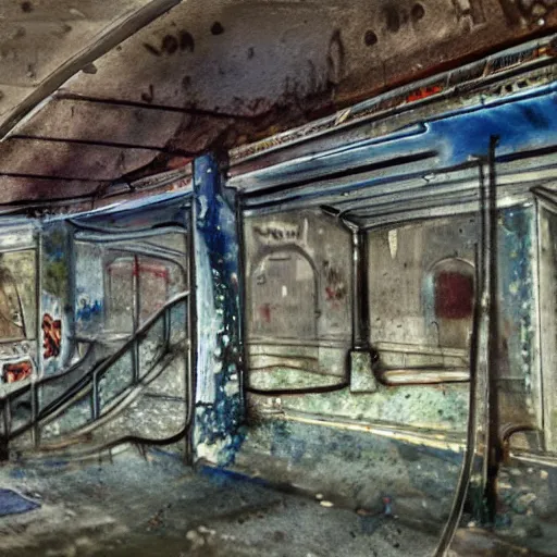 Image similar to the ravages of time, a painting of an abandoned and overgrown subway station