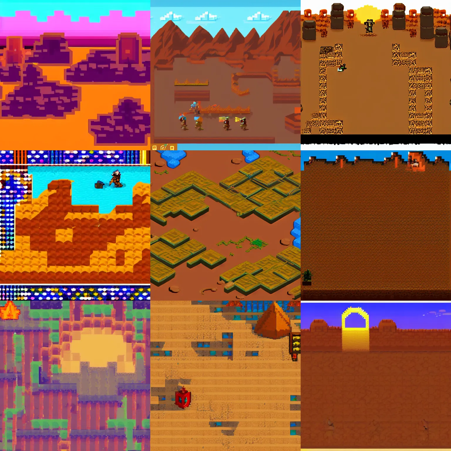 Prompt: plataform videogame, sahara desert, colorful, fantastic lighting, pixel art, 1 6 bits, 2 d