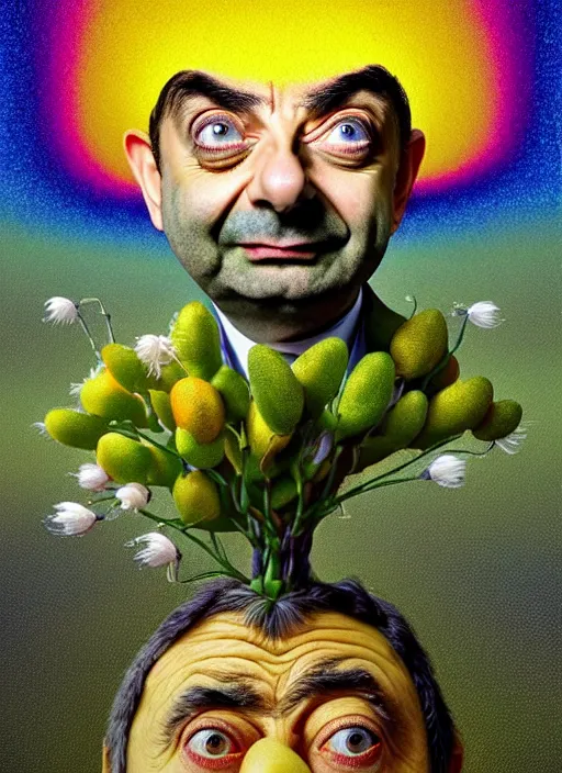 Image similar to hyper detailed 3d render like a Oil painting muted colors - slightly silly portrait of Rowan Atkinson cross eyed as Mr. Bean atop his yellow beetle in Aurora seen tickling of the Strangling network of yellowcake aerochrome and milky Fruit and Her delicate Hands hold of gossamer polyp blossoms bring iridescent fungal flowers whose spores black the foolish stars by Jacek Yerka, Mariusz Lewandowski, Houdini algorithmic generative render, Abstract brush strokes, Masterpiece, Edward Hopper and James Gilleard, Zdzislaw Beksinski, Nicoletta Ceccoli, Wolfgang Lettl, hints of Yayoi Kasuma, octane render, 8k