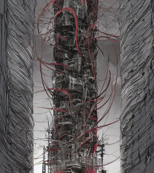 Prompt: colored manga, by tsutomu nihei, tarkovsky, majestic ancient tower of babylon of terror, a woman in cyber clothing, hyperrealistic, blame manga, full color, cyber architecture, intricate, illustration, concept art, hyper - detailed, smooth, masterpiece, epic, cinematic, high quality