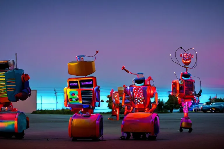 Prompt: 2 0 clowns - robots leaving a clowncar at a california drive in, in 2 0 1 2, cutecore clowncore, bathed in the the glow of the sunset, low - light photograph, in style of tyler mitchell