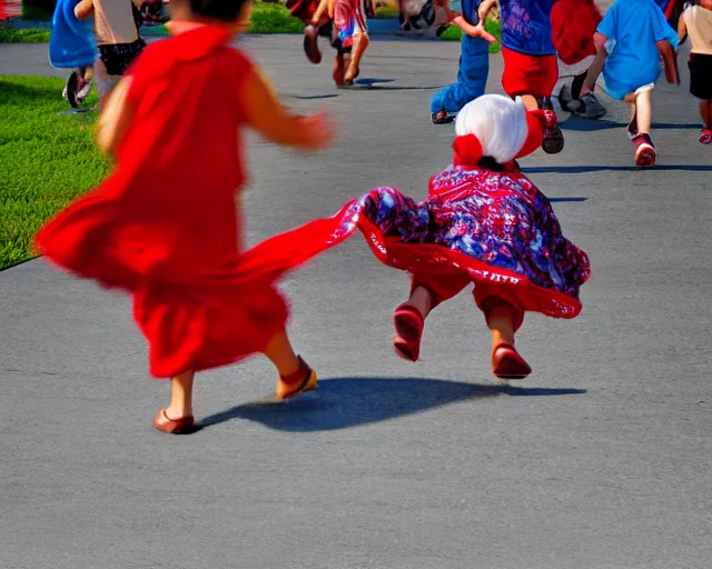 Image similar to Hispanic Granny In A Red MuMu Throwing A Slide Sandal At A Bunch Of Kids Running Away From Her, Anime Style, Manga Style, 8K, HDR, San Antonio Texas Cityscape Sunset, HDR, volumetric lighting, Hyperrealistic-H 960