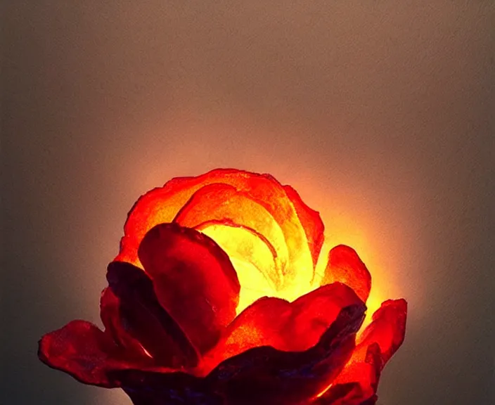 Image similar to a lava sculpture of a rose flower, digital art by studio ghibli and greg rutkowski, warm colors, beautiful, hyperrealism artstyle, amazing lighting