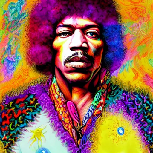 Prompt: An extremely psychedelic portrait of Jimi Hendrix, surreal, LSD, face, detailed, intricate, elegant, lithe, highly detailed, digital painting, artstation, concept art, smooth, sharp focus, illustration