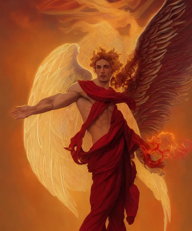 Image similar to symmetrical fullbody portrait of a beautiful young fit male angel with curly blond hairs, full dressed in long fluent red clothes, majestic big demon wings, luminous fire halo, by greg rutkowski and alphonse mucha, gradient white to gold, in front of an hellish background, highly detailed portrait, digital painting, artstation, concept art, smooth, sharp focus illustration