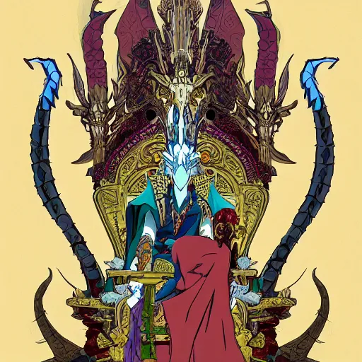 Prompt: concept art painting of a king with ornate robes, a long dragon neck, and horned skull mask, sitting on a throne, anime style, cel shaded, in the style of makoto shinkai and james gurney and studio ghibli and moebius