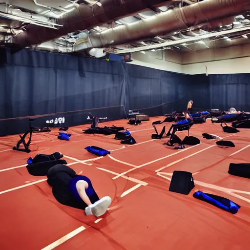 Prompt: people in a gym get ready for competetive sleeping, photograph, action photography