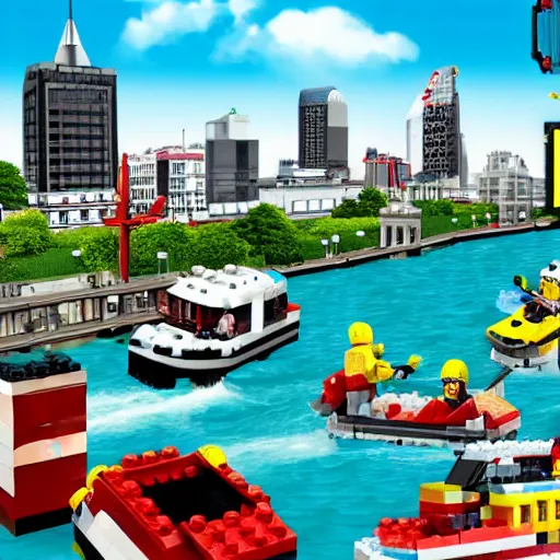 Prompt: a man has fallen into the river in lego city