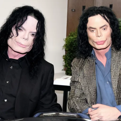 Image similar to Michael Jackson and Tommy Wiseau are sitting in a meeting