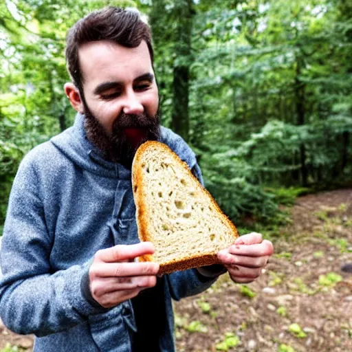 Prompt: Man happily eating moldy stale bread covered in fungus