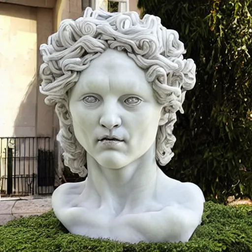 Image similar to medusa sculpture hyperrealistic style made by michelangelo, made with carrara marble
