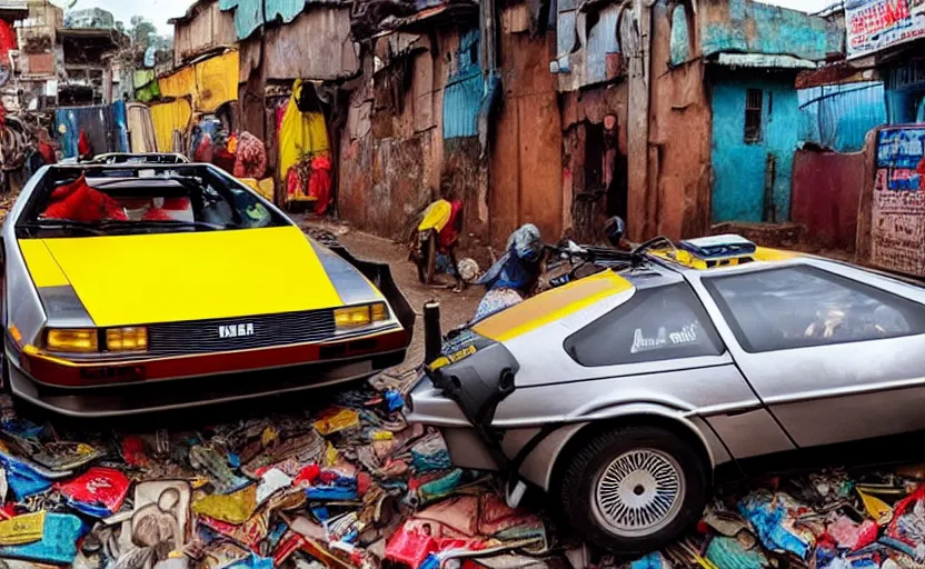 Prompt: a red and yellow delorean in ajegunle slums of lagos - nigeria, magazine collage, masterpiece,