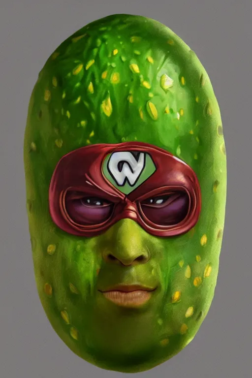 Image similar to avocadoman is a superhero, artgem, digital painting, color painting, hyperrealistic, concept art, oil painting, masterpiece, concept art, trending on deviantart, realistic and detailed face, highly detailed, high quality, 8 k, soft lighting, fancy colors, fantasy, cinematic, high coherence