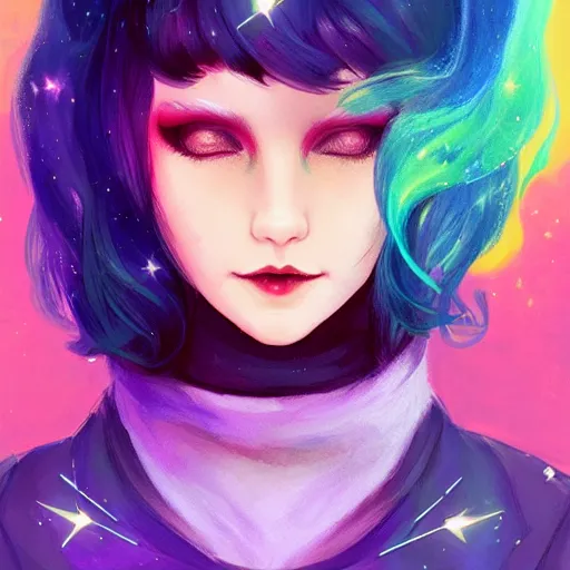 Image similar to a nonbinary changeling wearing a starry cloak, aurora colored hair, starry eyes, curious expression, character art, trending on artstation, artgerm, 4k ultra hd, sharp focus, digital art by Ilya Kuvshinov and Ross Tran,