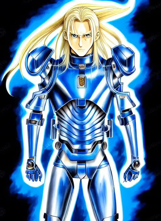 Prompt: a detailed manga full body portrait illustration of a man with long blonde hair and blue eyes wearing a sci - fi battle suit by hirohiko araki, detailed artwork, realism, 4 k resolution, detailed, high quality, sharp focus, hq artwork, insane detail, volumetric lighting, character concept art, fine details, clear subject, central subject