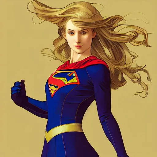 Prompt: Erin Moriarty as SuperGirl, highly detailed, digital painting, artstation, concept art, smooth, sharp focus, illustration, ArtStation, art by artgerm and greg rutkowski and alphonse mucha and J. C. Leyendecker and Edmund Blair Leighton and Katsuhiro Otomo and Geof Darrow and Phil hale and Ashley wood and Ilya repin and Charlie Bowater