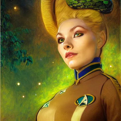 Image similar to a female snake in starfleet uniform at night in a dark forest. zootopia fursona furaffinity furry art detailed face painting by gaston bussiere craig mullins jc leyendecker gustav klimt artgerm greg rutkowski furry