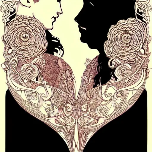 Image similar to a couple in love. she has dark wavy hair. he is bald. in the style of art nouveau. floral. hyper detailed. intricate. beautiful.