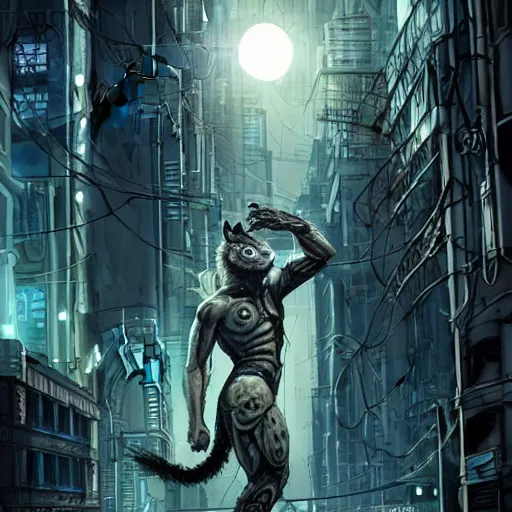 Image similar to werewolf cyborg in cyberpunk city