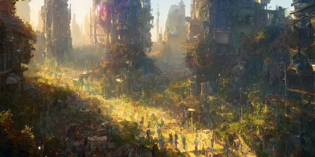 Prompt: a fantasy solarpunk 2 0 2 2 city, illustration by greg rutkowski, bright sunlight, sun glints, vivid and colorful trees and plants and flowers, digital art, 8 k, trending on artstation