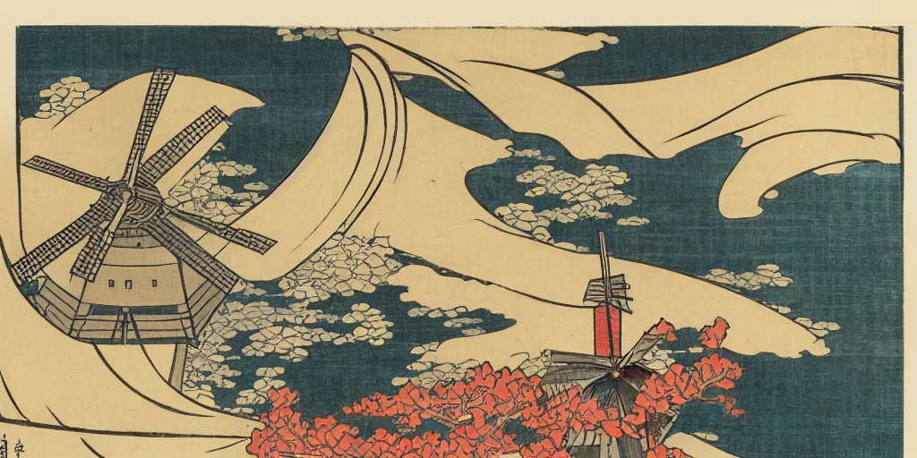 Image similar to ukiyo - e woodblock print of a dutch windmill, by hokusai