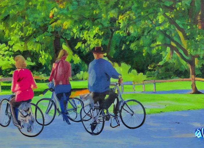 Image similar to a couple on bicycles in the park painting