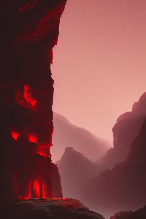Prompt: ancient red glowing temple on a rocky cliff in a canyon, shooting stars in the black sky, dramatic lighting, artstation, matte painting, ralph mcquarrie, simon stalenhag