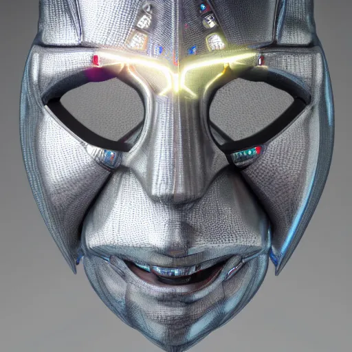 Image similar to realistic photograph of a futuristic shaman mask made of chrome scales and glowing fiber optic wires, zeiss lens, artstation, octane render