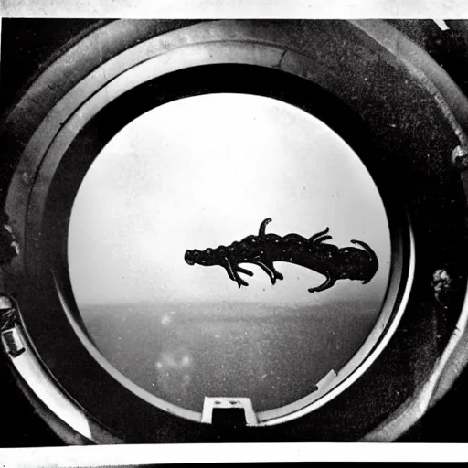 Prompt: an old black and white photo of a nightmarish sea monster seen through the porthole of a submarine, underwater, creepy, scary, dark,