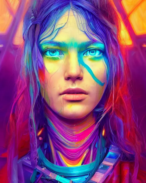 Image similar to colorful portrait of a hippie, set in the future 2 1 5 0 | highly detailed | very intricate | symmetrical | professional model | cinematic lighting | award - winning | painted by mandy jurgens and ross tran | pan futurism, dystopian, bold psychedelic colors, cyberpunk, groovy vibe, anime aesthestic | featured on artstation