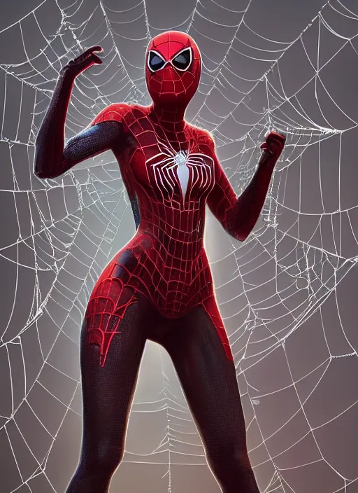 Image similar to spiderwoman covered with spider webs, hyper detailed, digital art, trending in artstation, cinematic lighting, studio quality, smooth render, unreal engine 5 rendered, octane rendered, art style by klimt and nixeu and ian sprigger and wlop and krenz cushart