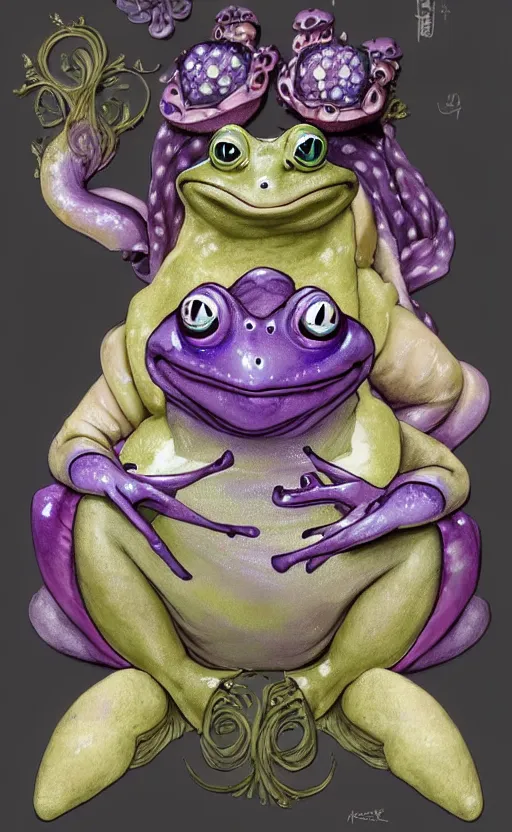 Image similar to cute purple female frog in enchanted rococo hanbok, full character, concept art, trending on artstation, in the style of alexander mcqueen, alexander jansson, jean - baptiste monge, george frederic watts