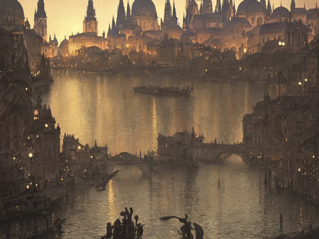 Prompt: a view from the river of a city resembling prague, paris, and venice at dusk, intricate, elegant, highly detailed, digital painting, artstation, concept art, smooth, sharp focus, colored illustration for tattoo, art by krenz cushart and artem demura and alphonse mucha,