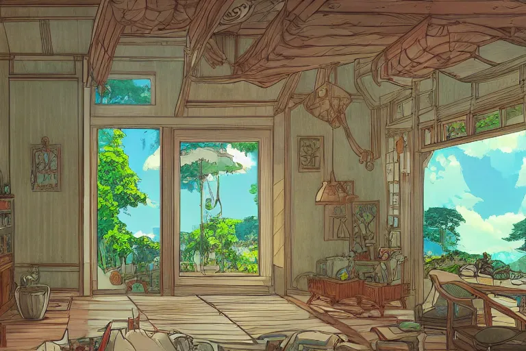 Image similar to interior wide angle shot of a fantasy coastal villa in the style of studio ghibli, moebius, makoto shinkai