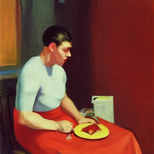 Prompt: an attractive man wearing a hair clip in red silky shorts eating salmon by Edward Hopper