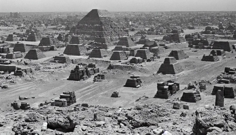 Image similar to aliens lift up big rocks in the foreground. the pyramids are halfway built in the background. archive photo