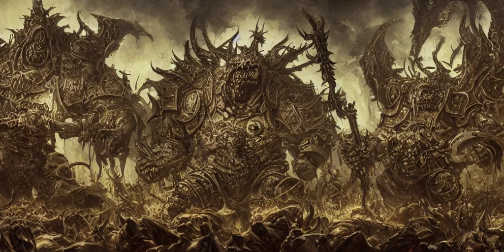 Prompt: an intricately detailed, ultra realistic, unreal engine 5, rendering, illustration of chaos champion, promotional illustration, nurgle battle, warhammer 4 0 k, concept art, pestilence army, warlord _ and _ his _ sword _ fight